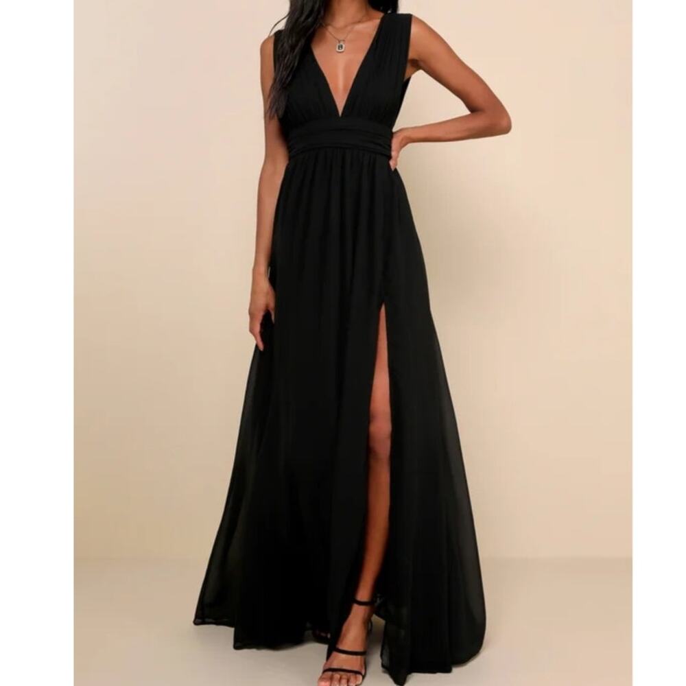 Lulus Heavenly Hues Chiffon Maxi Dress Women's Small Black V-Neck